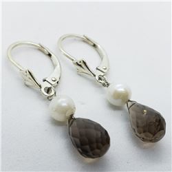 174) SILVER SMOKEY QUARTZ FW PEARL EARRINGS