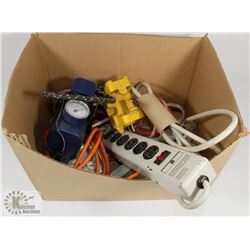 BOX OF ELECTRICAL CORDS, POWER BARS AND MORE