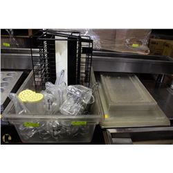 MISC LOT W/ 2 FULL SIZE BUN PANS, PLASTIC TOTE &