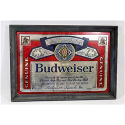 FRAMED MIRRORED GLASS BUDWEISER ADVERTISEMENT