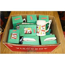 BOX OF NEW ASSORTED BEER MUGS.