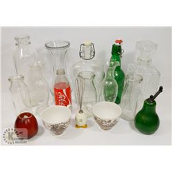 LOT OF OLD BOTTLES, EGG WHISK, TEA CUPS AND VASES