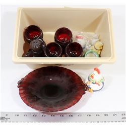 BOX OF ASST. CRANBERRY GLASS