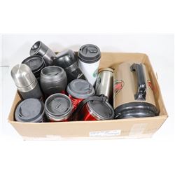 BOX FULL OF TRAVEL MUGS & THERMOSES