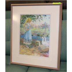 SIGNED NEEDLEPOINT YOUNG GIRL FEEDING GEESE