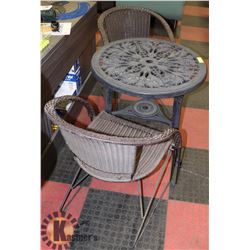 PATIO TABLE WITH 2 WICKER RESIN ARM CHAIRS
