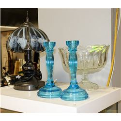 GLASS FRUIT BOWL WITH 2 BLUE GLASS CANDLE HOLDERS