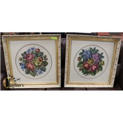 LOT OF 2 ESTATE NEEDLEPOINT ROSE PICTURE MATTED
