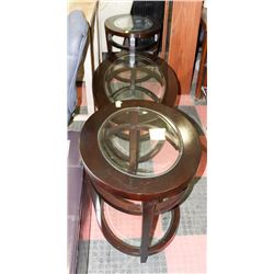 WOOD TONE AND GLASS 3 PC COFFEE TABLE SET