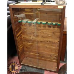 WOOD & GLASS GUN DISPLAY CABINET, 32.5"X10"X50".