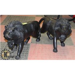 2 BLACK WOOD LIONS 13" TALL X 21" LONG