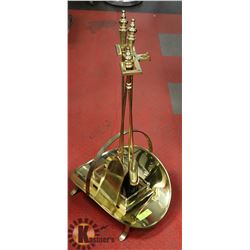 BRASS 3 PIECE FIREPLACE TOOLS AND WOOD HOLDER