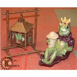 CERAMIC GARDEN FROG & WROUGHT IRON VOTIVE