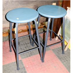 PAIR OF BLUE WOOD BAR STOOLS