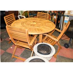 TEAK TABLE (51.5" DIA X 29.5" H)  AND 4 CHAIRS