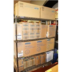 METRO RACK FILLED WITH DISPENSERS FOR TOILET PAPER