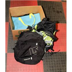 BOX OF BACKPACKS AND CARRY BAGS INCL BURTON AND