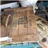 Image 2 : PAIL OF TOOLS, VINTAGE PLUNGERM RED ALBEL TEA CRATE LID, AND METAL LID