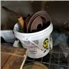 Image 3 : PAIL OF TOOLS, VINTAGE PLUNGERM RED ALBEL TEA CRATE LID, AND METAL LID