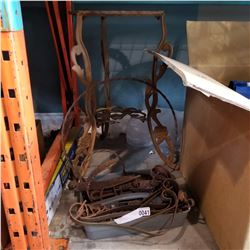 TRAY OF HAND FORGED HARDWARE AND LARGE WROUGHT-IRON PLANT STAND