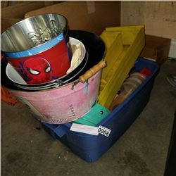 TOTE OF TRAYS AND CONTAINERS AND METAL BUCKETS