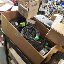 BOX OF EXTENSION CORDS AND ELECTRICAL BOXES