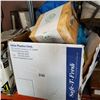 Image 1 : BOX OF SHOP SUPPLIES, SAFETY HARNESS, AIR MATTRESS, LIGHT, POOL COVER, AND METAL DUST PANS