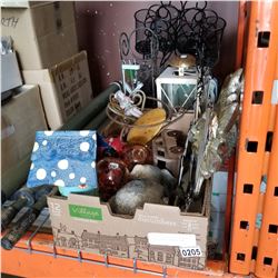 2 BOXES OF GARDEN DECOR, WIND CHIMES, CANDLE HOLDERS, AND MORE