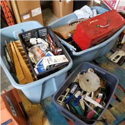 3 TOTES OF TOOLS AND SHOP SUPPLIES