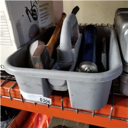 GREY BIN OF 3 PIPE WRENCHES, GREASE GUN, HATCHET, ETC