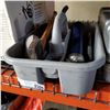 Image 1 : GREY BIN OF 3 PIPE WRENCHES, GREASE GUN, HATCHET, ETC
