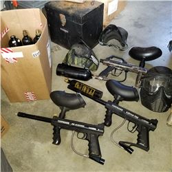 3 PAINTBALL GUNS W/ MASKS AND ACCESSORIES