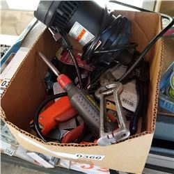 BOX OF TOOLS, STAPLER, AND SUMP PUMP