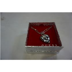 NEW IN BOX GUESS SILVER NECKLACE W/ HEART PENDANT AND STONES