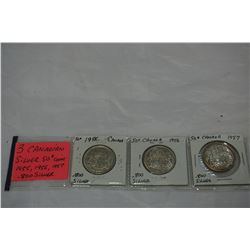 3 CANADIAN SILVER 50c COINS 1955, 1956, 1957 .800 SILVER