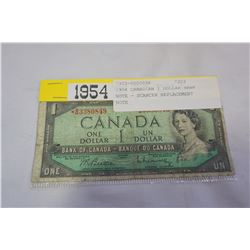 1954 CANADIAN 1 DOLLAR BANK NOTE - SCARCER REPLACEMENT NOTE