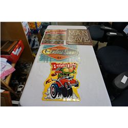 4 TIN SIGNS REMINGTON, SURFING, RAT FINK, MAN CAVE