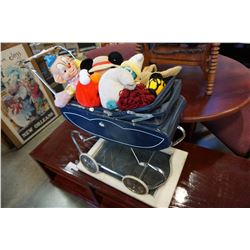 DOLL PRAM, DOLLS, STUFFIES AND CHALKBOARD