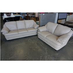 TAN LEATHER 3 SEATER COUCH & MATCHING LOVE SEAT