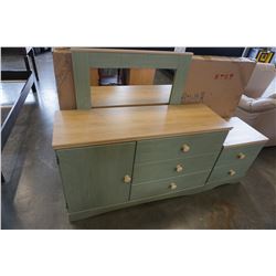 GREEN & TAN 3 DRAWER & 1 DOOR DRESSER W/ MIRROR & 2 DRAWER NIGHT STAND