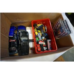 BOX OF HOTWHEELS AND DIE CAST CARS AND MINI HOCKEY JERSEYS