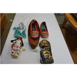 FIRST NATIONS SLIPPERS, SMALL CAR TOTEM, AND BOWL W/ DREAMCATCHER