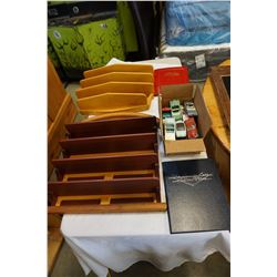 BOX LOT OF 50s AND 60s DIE CAST CARS W/ DISPLAY RACKS