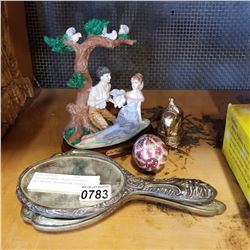 VANITY MIRROS, METAL ELEPHANT, AND PEGGYS COLLECTION STATUE