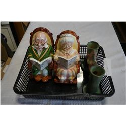 ROSEVILLE POTTERY CANDLE STAND AND 2 COIN BANKS