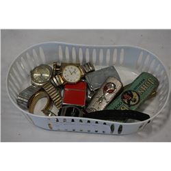 LOT OF WATCHES LIGHTERS AND TINS