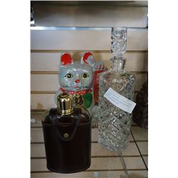 GLASS WHISKEY FLASK W/ LEATHER CASE, CZECHOSLOVAKIAN BOTTLE, AND EASTERN CAT