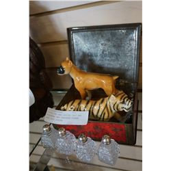STERLING AND CRYSTAL SALT AND PEPPERS AND SHAFFORD TIGER AND DOG FIGURE
