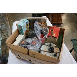 BOX OF MODEL TRAIN CARS, SET PIECES AND CONTROLLER