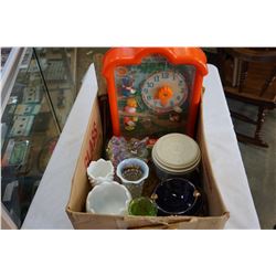 BOX OF ANTIQUE COLLECTIBLES, INCLUDING MATTEL FUN OCLOCK TOY